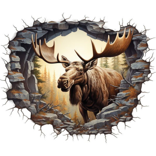 moose, wildlife, antlers, brown, tan, beige, gray, stone, forest, trees, breaking through, cracked wall, trompe l'oeil, realistic art, nature scene, fabric panel, quilting cotton, woodland, rustic, outdoor theme