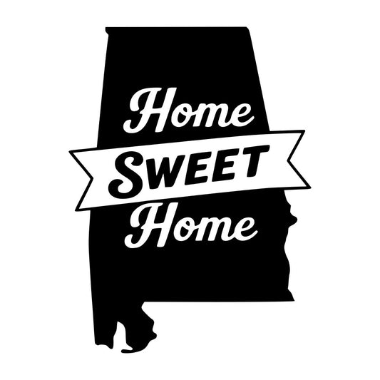 black and white, home sweet home, alabama, state silhouette, typography, text design, vintage style, retro, inspirational quote, banner ribbon, classic, monochrome, homeware, wall decor, house warming, home sentiment, black background, white lettering, cursive script, decorative banner, traditional design, americana, state pride, home decor accent, elegant script, bold lettering