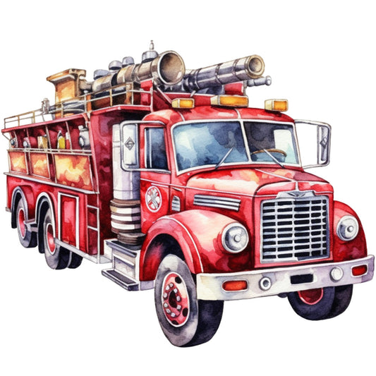 vintage fire truck, red fire engine, watercolor illustration, emergency vehicle, firefighting equipment, hoses and ladders, chrome details, fabric panel, quilting cotton, transportation theme, rescue vehicle, bright red, silver accents, yellow highlights, retro styling, children's fabric, vehicle enthusiast, fire department, automotive design, nostalgic artwork