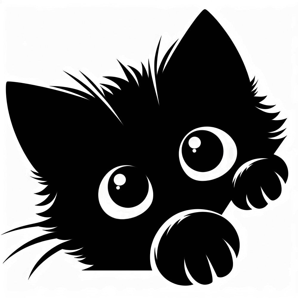 black cat, peeking cat, silhouette, white eyes, monochrome, contrast, playful, whimsical, fabric panel, quilting, cotton panel, cute animal, pet design, minimalist, graphic design, cat lover, feline, artistic, modern style, craft panel