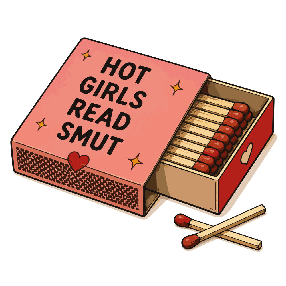coral pink, red, gold, matchbox, matches, book lover, reading, smut books, literary, hearts, stars, whimsical, playful, trendy, fun, humor, quirky, modern, snarky, romance, adult humor, book themed, bookish, bibliophile, novelty, conversation starter, gift worthy