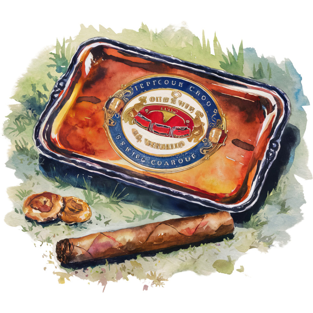 watercolor, casino, gambling, cigar, amber, orange, rust, green, blue, gold, vintage ashtray, smoking accessories, masculine, tobacco, luxury items, fabric panel, quilting cotton, gaming theme, still life, painterly style
