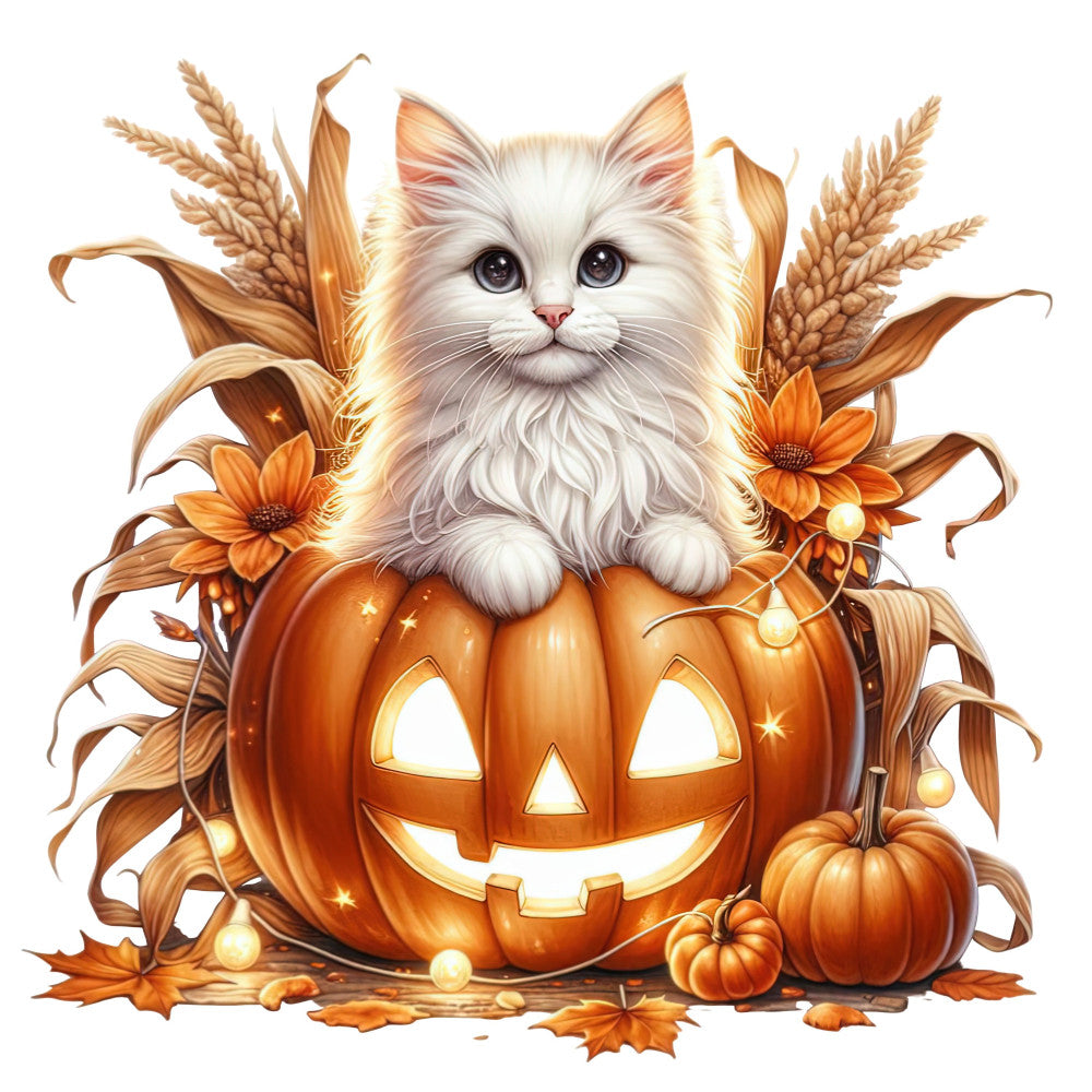white cat, orange pumpkin, halloween, autumn, fall, pumpkin spice, cat lover, jack-o-lantern, glowing pumpkin, corn stalks, wheat, dried corn, fall flowers, orange and white, cream and orange, warm tones, whimsical, festive, holiday, harvest, thanksgiving, seasonal, cat themed, animal, nature, spooky, cute cat, fluffy cat, blue eyes, illuminated pumpkin
