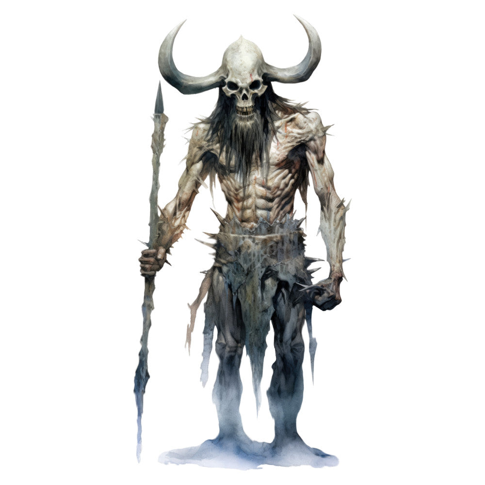 skeleton, skull, horns, demon, dark fantasy, gothic, macabre, bone, undead, monster, creature, horror, supernatural, evil, dark brown, tan, cream, black, gray, taupe, rust, spooky, halloween, fantasy character, warrior, mythical beast, otherworldly, sinister, frightening, dark aesthetic