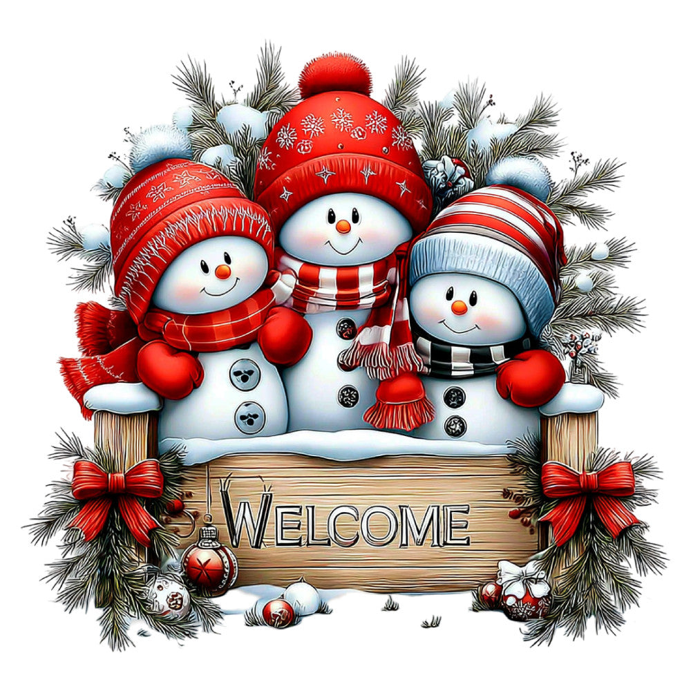 welcome sign, snowmen, red and white, winter, christmas, holiday, festive, snow, evergreen branches, pine branches, red bows, red ornaments, red hats, scarves, striped, plaid, snowflake patterns, jolly, whimsical, cute, cheerful, rustic wood, decorative panel, wall hanging, home decor, seasonal, traditional holiday, red accents, cream white, winter wonderland