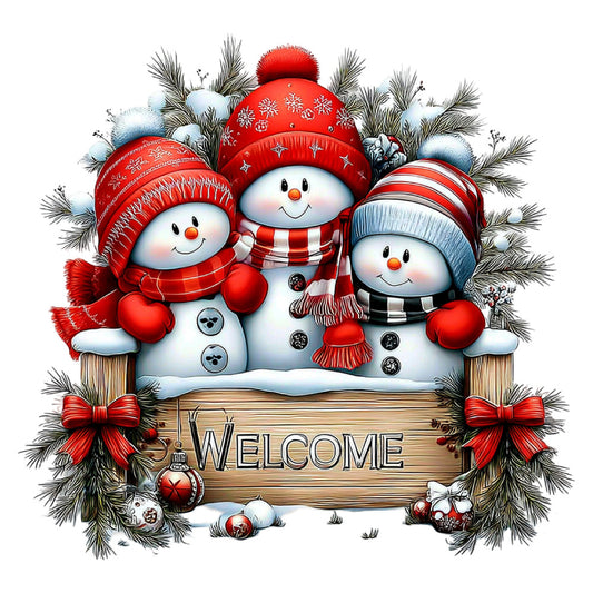welcome sign, snowmen, red and white, winter, christmas, holiday, festive, snow, evergreen branches, pine branches, red bows, red ornaments, red hats, scarves, striped, plaid, snowflake patterns, jolly, whimsical, cute, cheerful, rustic wood, decorative panel, wall hanging, home decor, seasonal, traditional holiday, red accents, cream white, winter wonderland