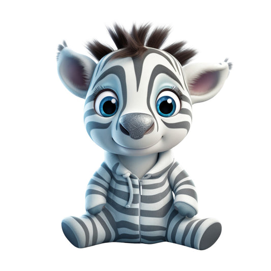 baby zebra, pajamas, striped pattern, blue stripes, white stripes, gray accents, cute animal, cartoon style, fabric panel, quilting cotton, nursery theme, children's fabric, adorable character, soft colors, playful design, sitting pose, big blue eyes, mohawk mane, sleepwear theme