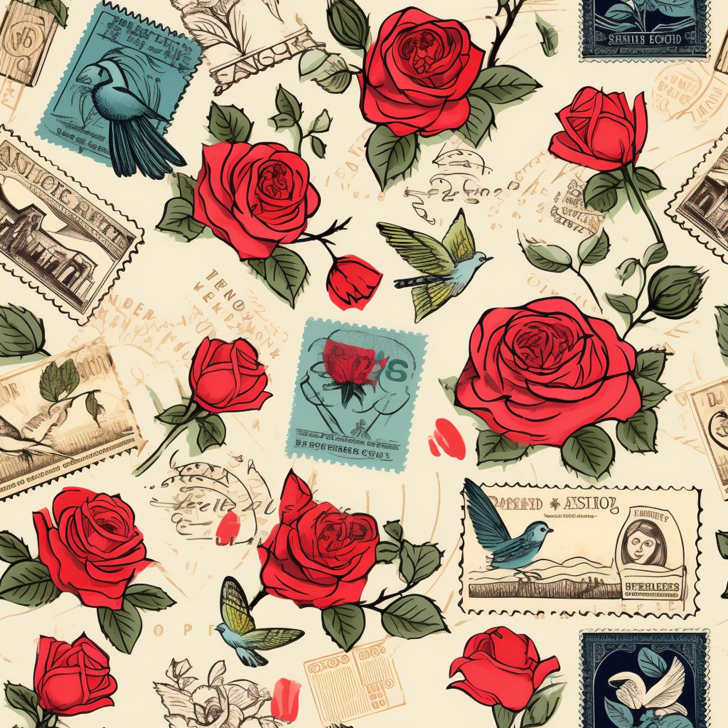 Vintage Love Stamps Pattern 3 Quilting Cotton Fabric