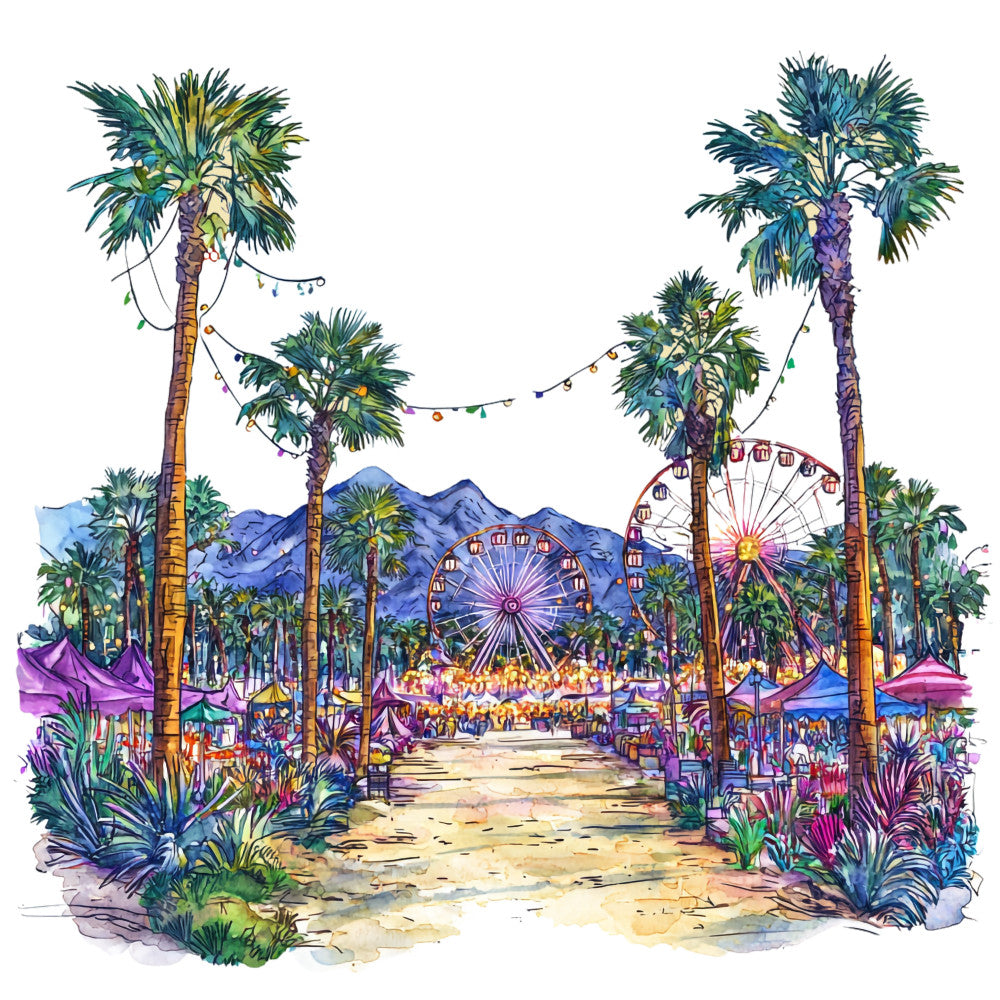 palm trees, ferris wheel, carnival scene, watercolor style, tropical paradise, desert landscape, purple mountains, colorful lights, festival atmosphere, aqua blue, emerald green, violet purple, sunny yellow, fabric panel, quilting cotton, california theme, amusement park, festive mood, summer vibes, vacation scene