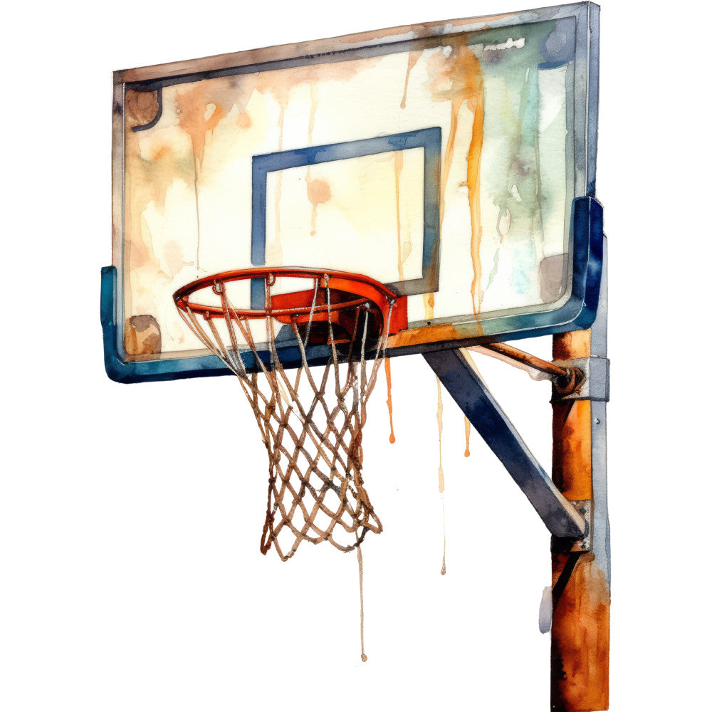 basketball hoop, sports, vintage sports, watercolor, abstract, rust orange, navy blue, cream, soft green, grunge texture, distressed, athletic, recreational, street court, urban, boys, casual, rustic, worn, weathered, splatter, drip effect, neutral tones, sport equipment, game day, outdoor, sports theme, masculine
