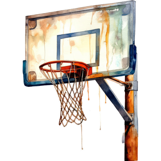 basketball hoop, sports, vintage sports, watercolor, abstract, rust orange, navy blue, cream, soft green, grunge texture, distressed, athletic, recreational, street court, urban, boys, casual, rustic, worn, weathered, splatter, drip effect, neutral tones, sport equipment, game day, outdoor, sports theme, masculine
