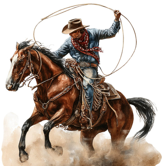 cowboy, western, rodeo, lasso, horse, ranch, rustic, vintage, brown, tan, cream, dust, denim blue, red bandana, action, adventure, wild west, americana, traditional, masculine, southwestern, man, rider, equestrian, landscape, outdoor, nostalgic, Americana western theme, artistic illustration