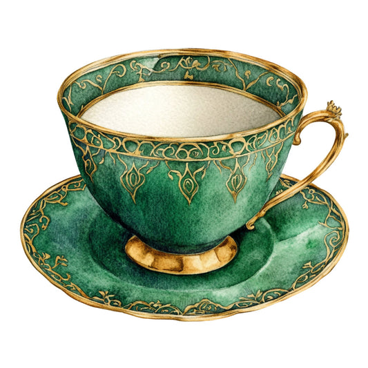 emerald green, gold, teacup, ornate, elegant, vintage, decorative, scrollwork, ornamental, traditional, botanical, luxury, damask, filigree, saucer, tableware, formal, sophisticated, antique, tea time, garden party, classic, ornate border, gilded, jewel tone, home decor, upscale, timeless, Victorian, tea service