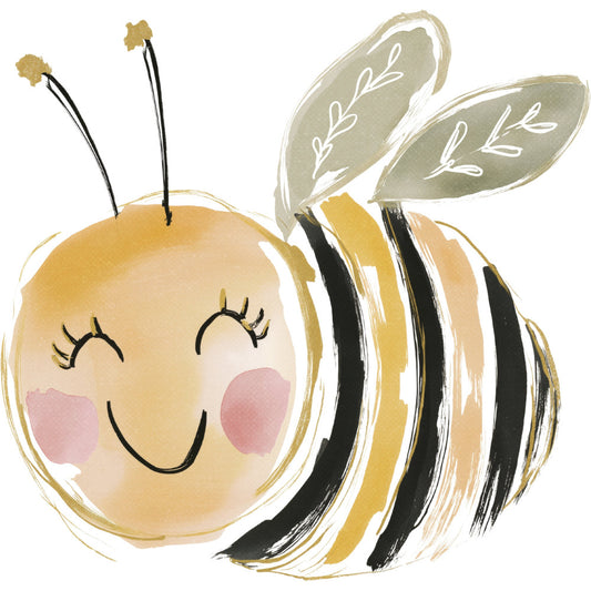 cute bee, honey bee, yellow and black striped, sage green, cream, blush pink, gold accents, whimsical, children's illustration, animal theme, nature inspired, baby nursery, spring theme, botanical wings, smiling face, cheerful, playful, modern illustration, sweet style, kids fabric, baby quilt, wall hanging, nursey decor, insect theme, garden theme, friendly animals, soft watercolor, decorative motifs, charming design