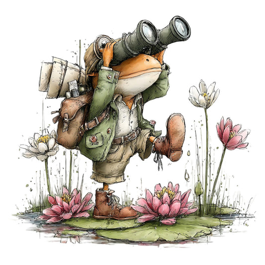 adventurer frog, animal characters, whimsical, nature, botanical, lotus flowers, pink flowers, white flowers, sage green, tan, brown, forest green, watercolor style, storybook illustration, children's, vintage explorer, binoculars, adventure theme, spring, summer, nursery, baby quilt, wall hanging, cute animals, illustrated, boots, backpack, lily pad, pond, outdoor adventure
