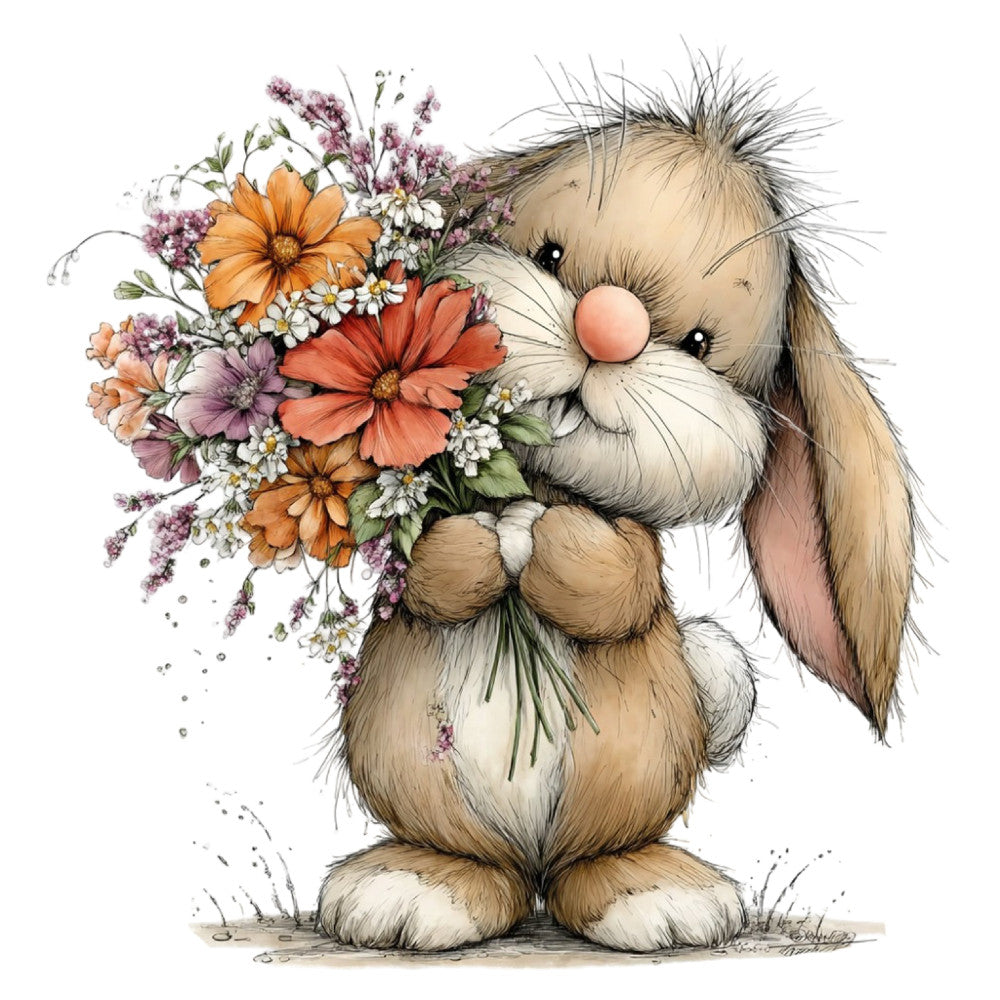 cute bunny, rabbit, flowers, floral, spring, pastel, whimsical, children, baby, animal, nature, illustrated, illustration, charming, sweet, playful, daisy, cosmos, orange flowers, coral pink, dusty purple, cream, tan, beige, woodland, gentle, soft, storybook, gift giving