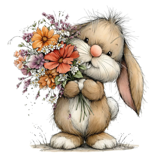 cute bunny, rabbit, flowers, floral, spring, pastel, whimsical, children, baby, animal, nature, illustrated, illustration, charming, sweet, playful, daisy, cosmos, orange flowers, coral pink, dusty purple, cream, tan, beige, woodland, gentle, soft, storybook, gift giving
