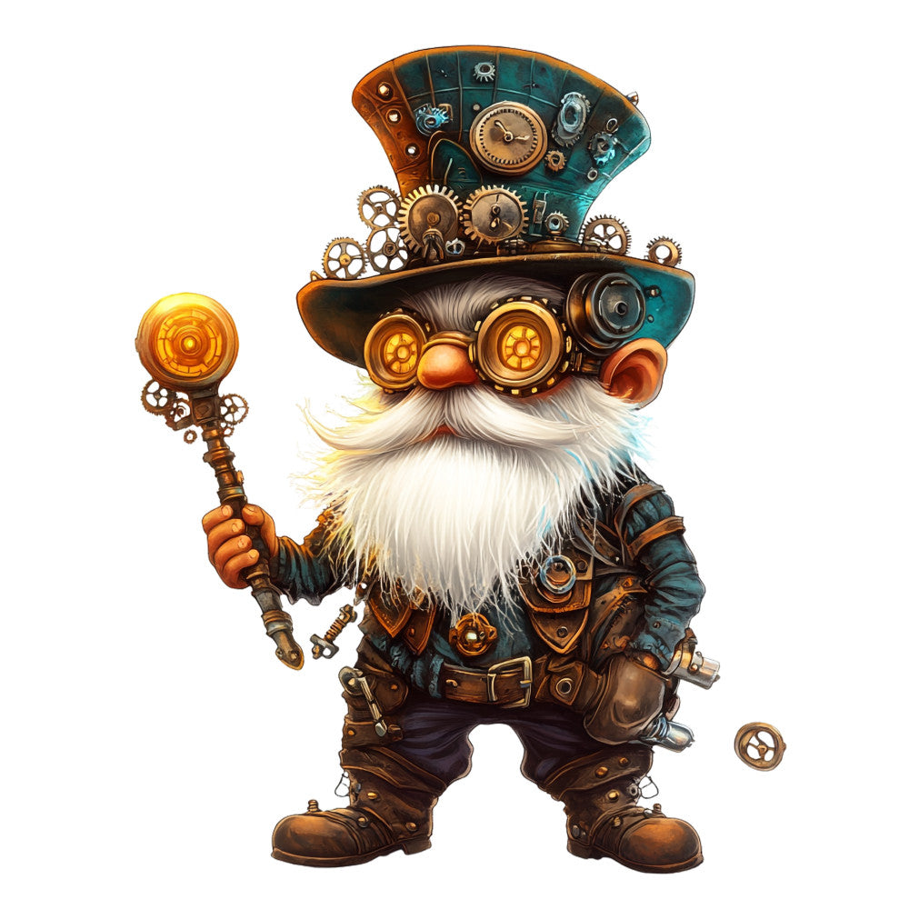 steampunk gnome, mechanical gears, copper orange, teal green, bronze accents, goggles, top hat, white beard, fantasy character, clockwork elements, brass details, inventive gadgets, whimsical design, fabric panel, cotton quilting, magical staff, vintage machinery, intricate details, mystical creature, artisan crafted