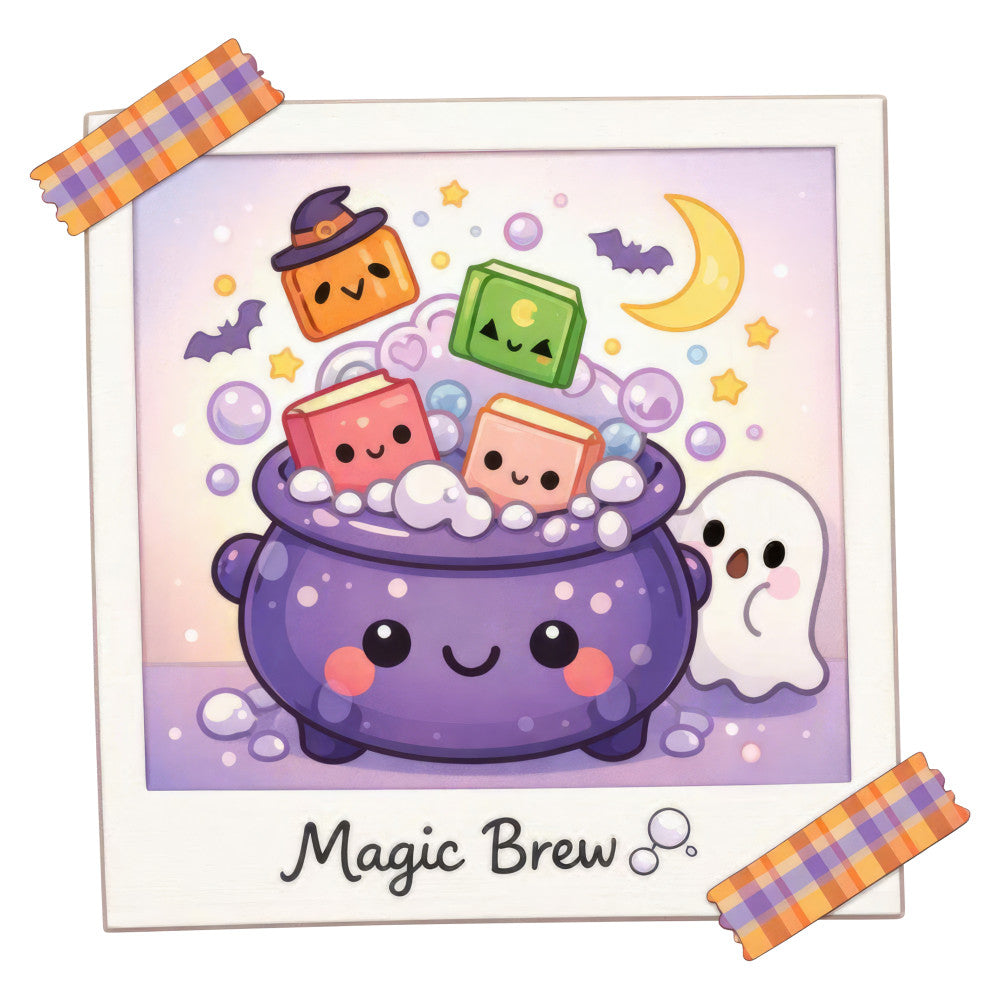 halloween, cute, whimsical, cauldron, witchy, magic, purple, orange, green, pink, moon, stars, ghost, bat, potion bottles, playful, spooky, autumn, fall, children, kids, novelty, magical brew, enchanted, friendly ghost, jack-o-lantern, festive, charming, illustration style