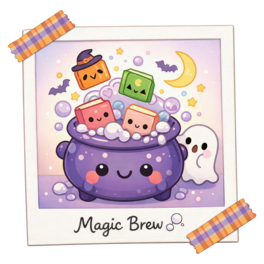 halloween, cute, whimsical, cauldron, witchy, magic, purple, orange, green, pink, moon, stars, ghost, bat, potion bottles, playful, spooky, autumn, fall, children, kids, novelty, magical brew, enchanted, friendly ghost, jack-o-lantern, festive, charming, illustration style