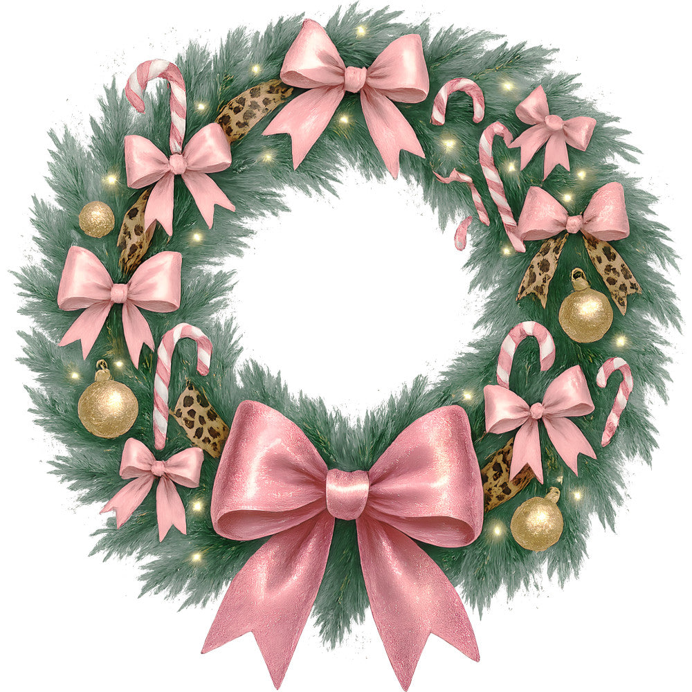 pink, sage green, gold, christmas wreath, evergreen branches, satin bows, candy canes, ornaments, leopard print ribbon, string lights, holiday decorations, fabric panel, quilting cotton, festive, winter theme, circular wreath design, pastel christmas, modern holiday, craft fabric, seasonal motifs