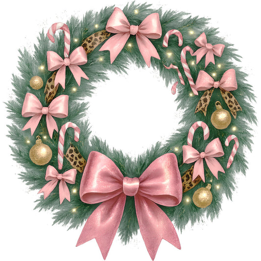 pink, sage green, gold, christmas wreath, evergreen branches, satin bows, candy canes, ornaments, leopard print ribbon, string lights, holiday decorations, fabric panel, quilting cotton, festive, winter theme, circular wreath design, pastel christmas, modern holiday, craft fabric, seasonal motifs