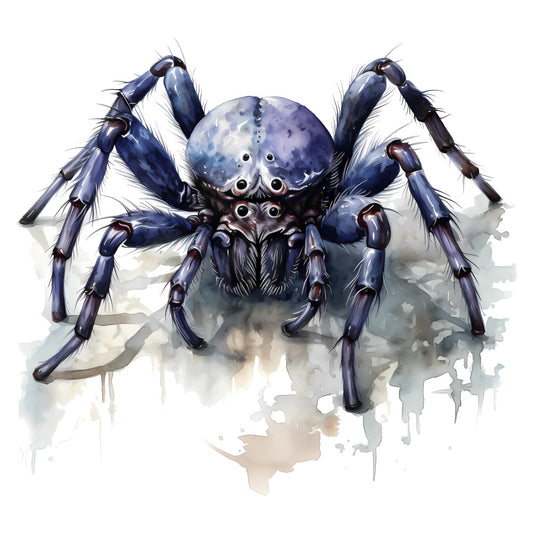 navy blue spider, dark blue arachnid, purple spider, eight legs, creepy crawly, gothic, dark fantasy, horror themed, spooky, watercolor style, artistic illustration, abstract splatter, ink wash, mystical creature, bug motif, insect design, dark blue, deep purple, charcoal black, metallic accents, gothic aesthetic, edgy style, contemporary art, dramatic illustration, nature inspired, wildlife art, moody tones, grunge effect, alternative style, halloween themed