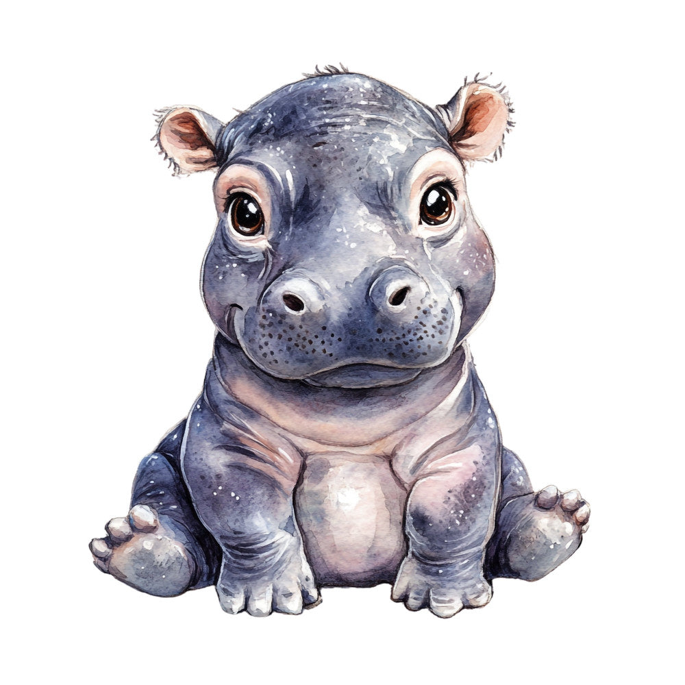 baby hippopotamus, hippo, cute animals, watercolor, whimsical, baby animals, nursery, children's, blue-gray, slate blue, lavender, soft colors, animal illustration, safari, wildlife, adorable, playful, gentle, sweet, storybook style, illustrated animals, baby quilt, wall hanging, woodland, nature-inspired, soft watercolor, charming, endearing, friendly faces