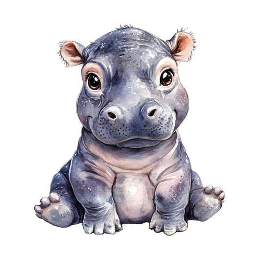 baby hippopotamus, hippo, cute animals, watercolor, whimsical, baby animals, nursery, children's, blue-gray, slate blue, lavender, soft colors, animal illustration, safari, wildlife, adorable, playful, gentle, sweet, storybook style, illustrated animals, baby quilt, wall hanging, woodland, nature-inspired, soft watercolor, charming, endearing, friendly faces