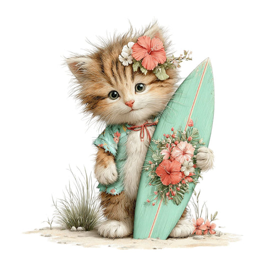 fluffy kitten, cat, adorable animals, surfboard, beach theme, summer, whimsical, sage green, mint green, coral pink, rose pink, cream, tan, sandy beige, floral design, gerbera daisies, white flowers, botanical, nature-inspired, vintage style, cottage core, sweet animals, nursery, baby quilt, children's fabric, playful, charming, kawaii, illustration style, cute characters