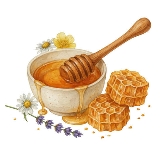 honey, bee, beehive, honeycomb, golden yellow, cream, lavender, white, daisy, chamomile, floral, nature, botanical, rustic, farmhouse, vintage, whimsical, spring, summer, honey dipper, sweet, natural, garden, wildflower, countryside, cottagecore, cozy, warm tones, illustration, watercolor style
