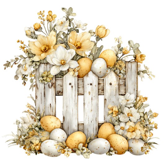 cream, ivory, white, golden yellow, tan, brown, sage green, daisy, floral, easter, spring, farmhouse, rustic, vintage, cottagecore, elegant, whimsical, eggs, botanical, nature-inspired, pastoral, daisies, wildflowers, wooden fence, country, traditional, nostalgic, garden, celebration, decorative