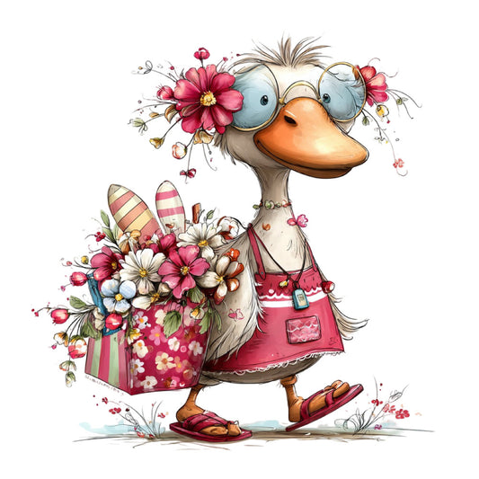 whimsical duck, floral, coral orange, dusty rose, cream white, light blue, animal, spring, summer, farmhouse, vintage, botanical, flowers, pink flowers, white flowers, daisy, cosmos, glasses, apron, cute character, children's, storybook, playful, garden theme, nature inspired, birds and flowers, decorative elements, traditional, cottage core, easter