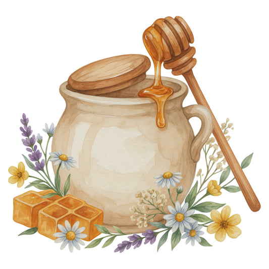 honey pot, honey jar, honey dipper, bees, beekeeping, lavender, daisies, yellow flowers, purple flowers, white flowers, cream, tan, golden yellow, soft pastels, floral, botanical, nature, farmhouse, rustic, vintage, whimsical, spring, summer, cottage core, wildflowers, sweet, home decor, kitchen themed, wall hanging, country style