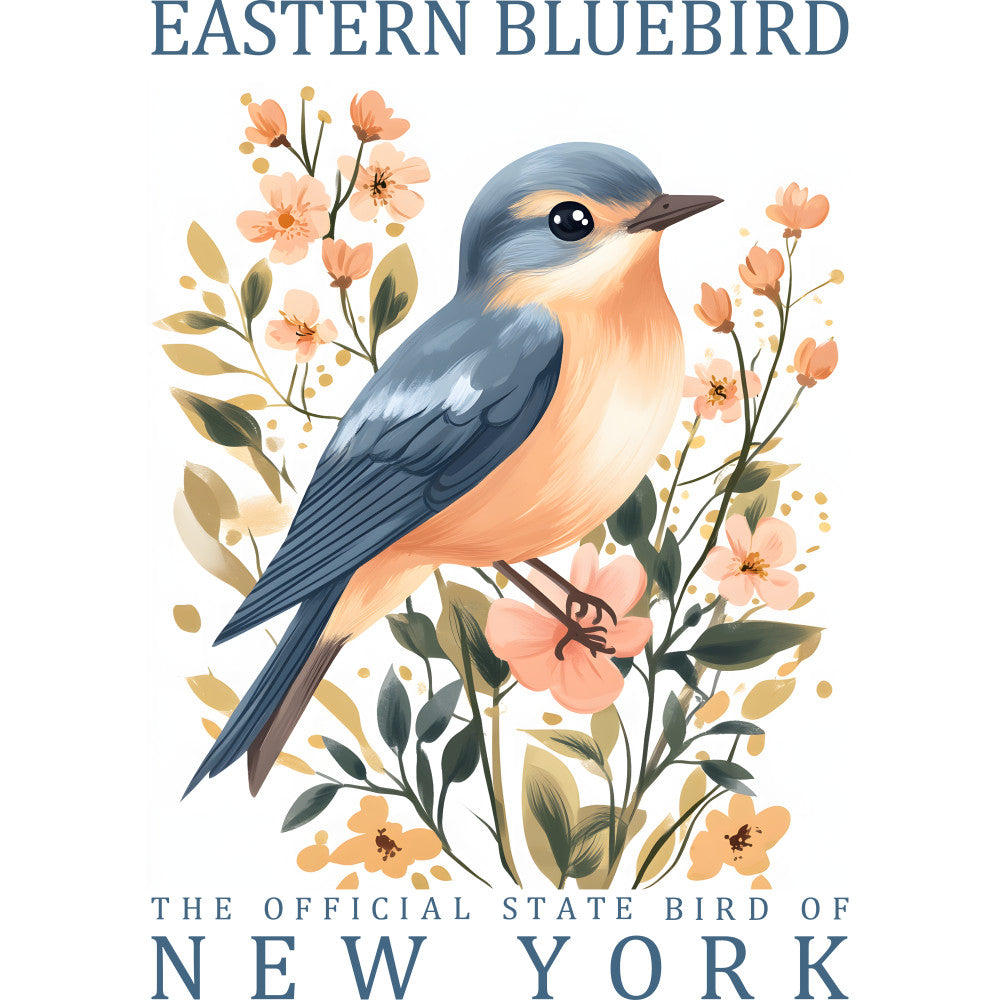 eastern bluebird, state bird, new york, peach flowers, coral blooms, blue bird, orange breast, floral branches, botanical design, nature illustration, spring flowers, delicate petals, green leaves, watercolor style, fabric panel, quilting cotton, bird watching, wildlife art, soft pastels, feminine colors