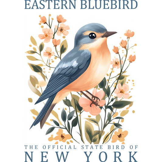 eastern bluebird, state bird, new york, peach flowers, coral blooms, blue bird, orange breast, floral branches, botanical design, nature illustration, spring flowers, delicate petals, green leaves, watercolor style, fabric panel, quilting cotton, bird watching, wildlife art, soft pastels, feminine colors