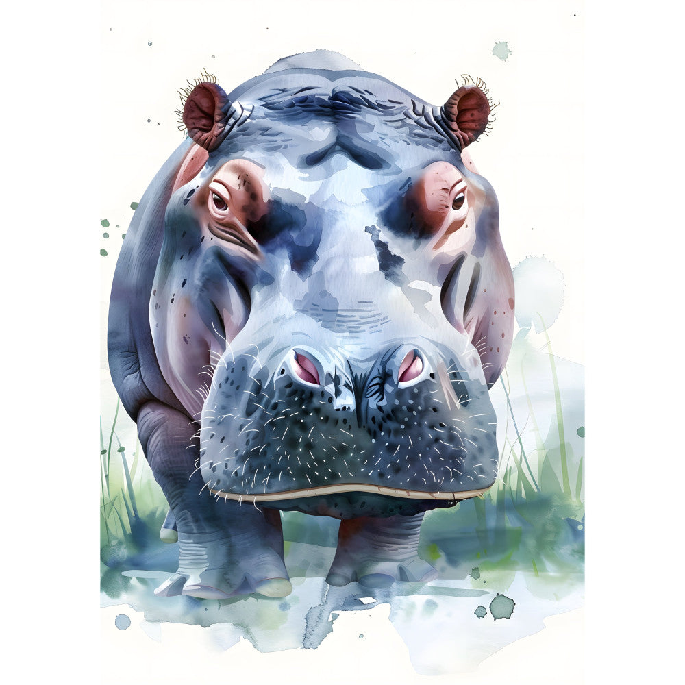 hippo, wildlife, animals, watercolor, whimsical, children's, nursery, baby, illustrated, cute, adorable, african animals, safari, nature, blue, blush pink, mauve, dusty rose, sage green, soft colors, pastoral, gentle, storybook, whimsy, artistic, painted effect, watercolor style, kids decor, playroom, wall hanging