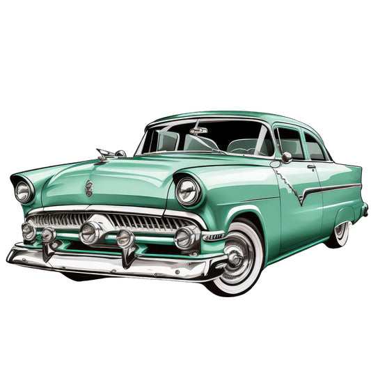 mint green, seafoam green, turquoise, white, chrome silver, black, 1950s, vintage car, retro automotive, classic car, nostalgia, mid-century modern, americana, transportation, chrome details, whitewall tires, cool tones, elegant, stylish, boys, men, novelty, iconic, timeless, decorative panel, home decor, collectible, retro design