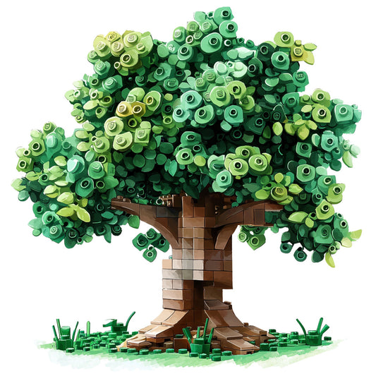 building blocks, lego style, tree design, green foliage, brown trunk, forest green, lime green, sage green, tan brown, beige, pixel art style, digital illustration, nature scene, geometric shapes, modular design, fabric panel, quilting cotton, children's fabric, playful design, toy theme