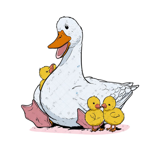 white duck, yellow ducklings, orange bill, coral pink, soft yellow, pastel colors, animal theme, farmhouse style, whimsical, sweet, cute, nursery, baby animals, mother and babies, birds, waterfowl, spring, summer, children's theme, storybook illustration, tender moments, gentle, countryside, pastoral, baby quilt, nursery decor, wall hanging, child's room, family bonding, duckling illustration