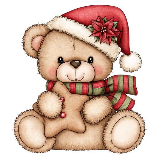 teddy bear, christmas, holiday, santa hat, poinsettia, red and green, cream, tan, striped scarf, festive, whimsical, cute, children's, baby, seasonal, winter, plush, soft, traditional, vintage, cute animals, decorative scarf, holiday cheer, christmas bear, beige, forest green, candy cane stripes, sitting bear, smiling face, nursery
