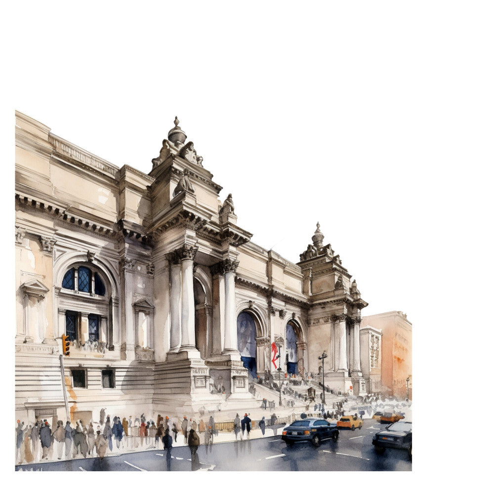 architectural, beige, building, cream, elegant, gray, landmark, metropolitan, museum, neutral, new york, photography, realistic, sepia tone, street scene, taupe, traditional, urban, vintage, watercolor, white, cityscape, classic, detailed, illustration, monochromatic, tan, architectural landmark, travel theme