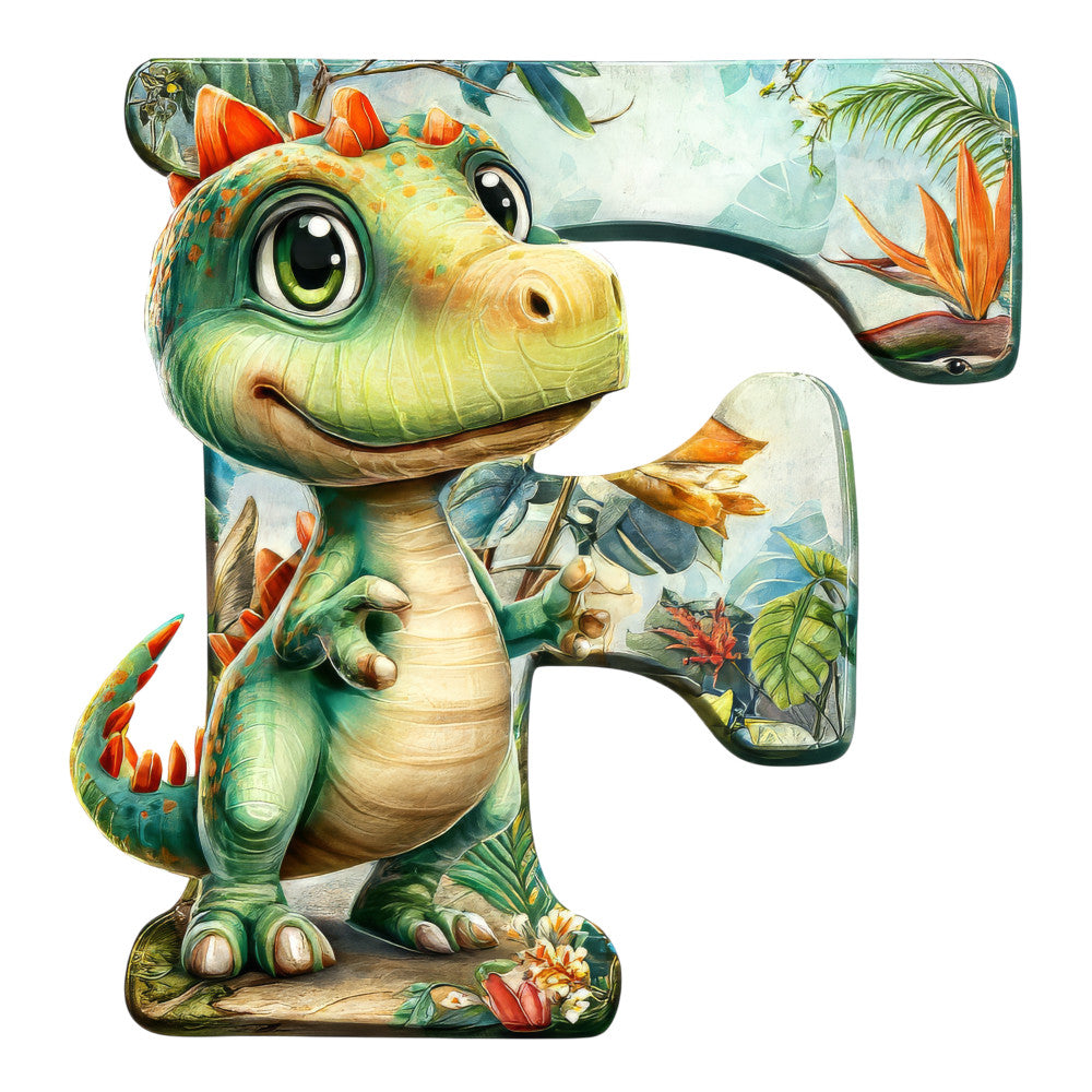 green dinosaur, orange spikes, tropical plants, jungle scene, cute cartoon style, friendly character, fabric panel, quilting cotton, children's fabric, prehistoric theme, palm fronds, bright colors, yellow belly, big eyes, playful design, nature elements, kids decor, vibrant illustration, adventure theme