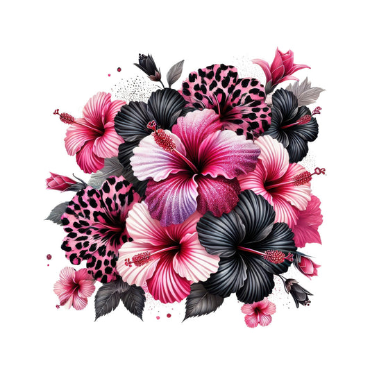 hot pink, black, white, magenta, fuchsia, deep pink, leopard print, animal print, hibiscus, tropical, floral, nature, bold, modern, contemporary, elegant, vibrant, summery, feminine, botanical, large scale florals, spotted petals, exotic, garden, decorative, artistic, statement print, spring, summer