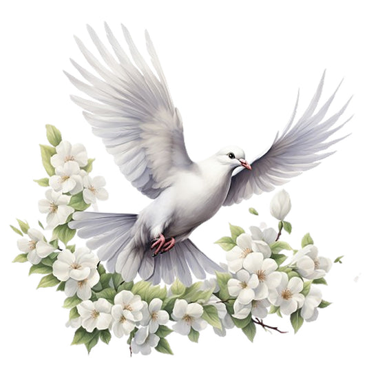 Spring White Doves Fabric Panel 4 featuring a white dove in flight surrounded by blooming white flowers on premium quilting cotton.