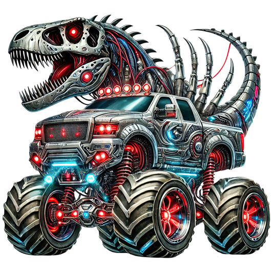 metallic silver, bright red, electric blue, glowing neon, dinosaur, t-rex, monster truck, mechanical, cyberpunk, futuristic, sci-fi, robotic, steampunk, glow-in-the-dark, action-packed, bold, edgy, contemporary, boys, vehicles, automotive, neon lights, illuminated, industrial, tech-inspired, high-energy, dramatic, statement print, adventure theme