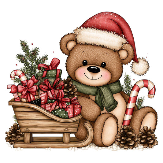 teddy bear, christmas, holiday, santa hat, red, green, cream, tan, brown, candy cane, pine branches, pinecones, gifts, presents, red bows, whimsical, cute, adorable, festive, winter, seasonal, children's, baby, nursery, traditional, charming, illustration, storybook, vintage style, woodland