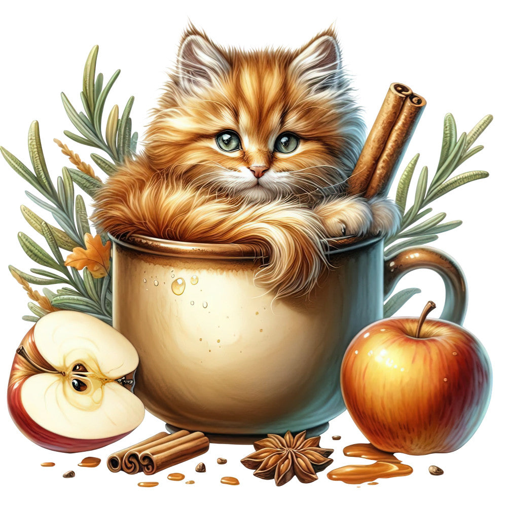 orange cat, ginger cat, tabby cat, fluffy cat, cat illustration, autumn, fall, warm colors, rust brown, cream, sage green, golden yellow, apples, cinnamon sticks, star anise, rosemary, botanical, whimsical, cozy, rustic, farmhouse, harvest, woodland, nature themed, cute animals, adorable, tea cup, beverage, culinary, spice themed