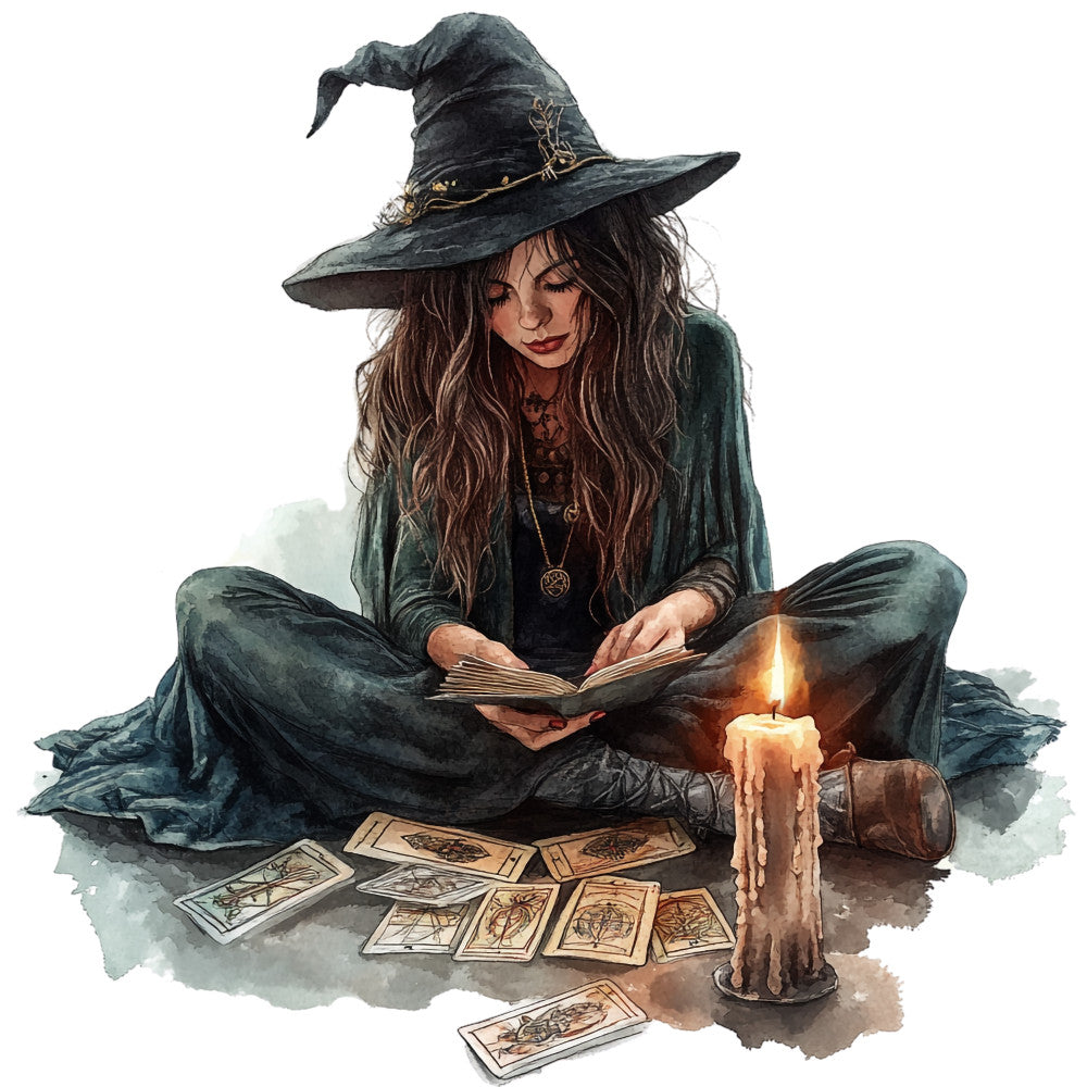 watercolor style, witch character, pointed hat, long brown hair, teal robes, tarot cards, flickering candle, mystical scene, sitting pose, spell book, occult theme, magical atmosphere, earthy tones, green fabric, halloween motif, witchcraft imagery, candlelight glow, fabric panel, quilting cotton, fantasy art