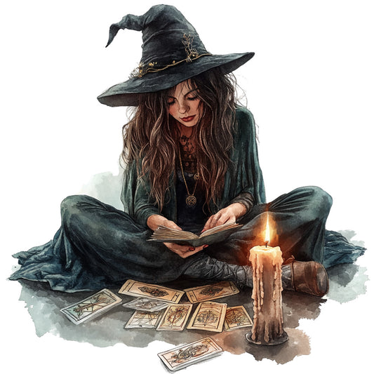 watercolor style, witch character, pointed hat, long brown hair, teal robes, tarot cards, flickering candle, mystical scene, sitting pose, spell book, occult theme, magical atmosphere, earthy tones, green fabric, halloween motif, witchcraft imagery, candlelight glow, fabric panel, quilting cotton, fantasy art